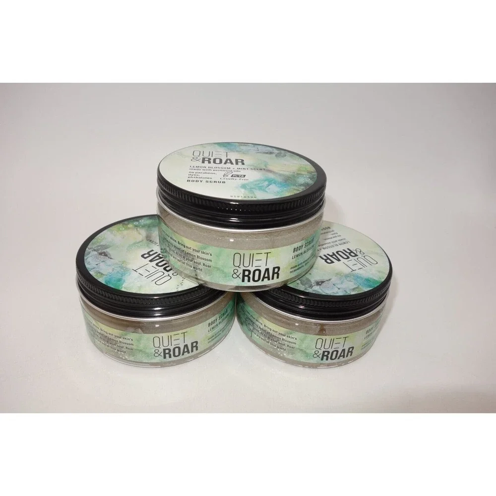 3 Pack Quiet & Roar Lemon Blossom Mint Scent Body Scrub & Essential Oils 8 oz